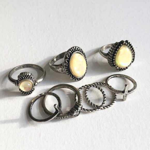 Boho Burnished Silver Rings Faux Opal - Picture 4 of 6